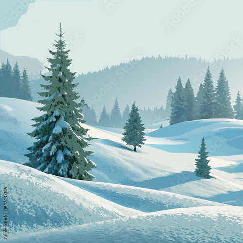 Vector art of a serene winter landscape unfolds with snowcovered rolling hills and a majestic evergreen tree in the foreground, bathed in soft daylight