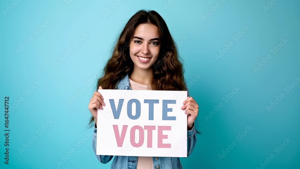 Vote season. A young woman holding a sign that reads VOTE VOTE against a blue background. Vote season. A young woman holding a sign that reads VOTE VOTE against a blue background.