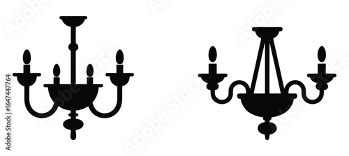 Vector art of two elegant chandeliers isolated on white background, showcasing classic lighting fixtures with ornate design, representing interior decoration and home style, adding a touch of luxury