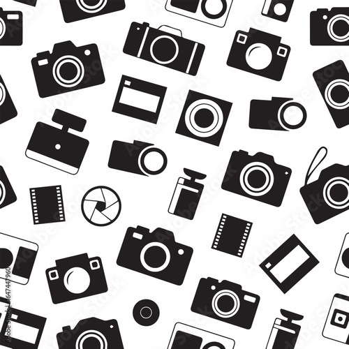 minimalist photography icons vector seamless pattern with cameras film rolls lenses flash photo frames monochrome design