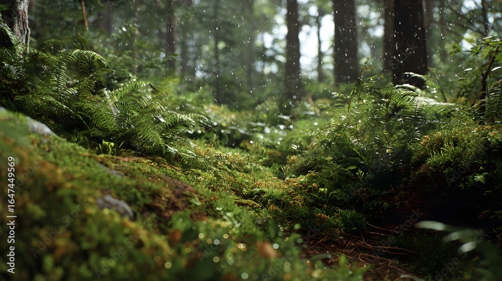 Fototapeta premium Lush green forest floor with ferns and moss in soft sunlight and falling water droplets nature
