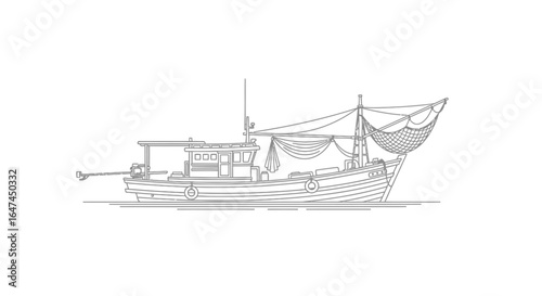 simple line drawing of a fishing boat at sea ideal for nautical themes seafood businesses and coastal lifestyle branding