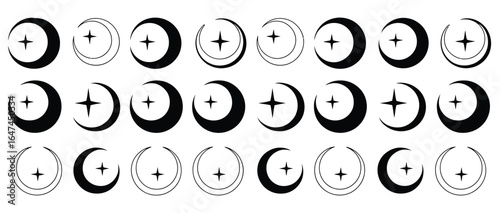 Vector art of collection of crescent moon and star symbols isolated on white background, representing islamic culture, ramadan, and celestial themes, perfect for adding a spiritual touch to designs