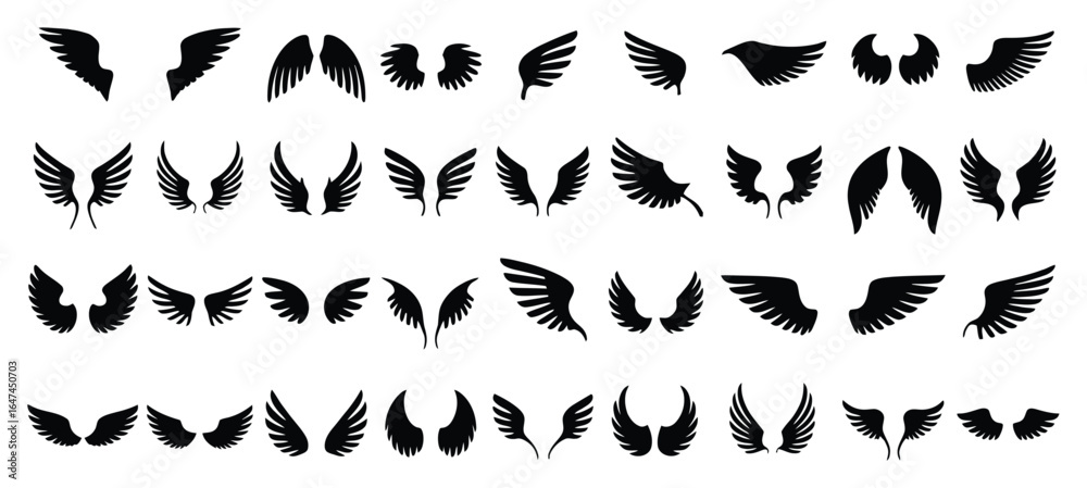 Naklejka premium Vector art of collection of various angel wings isolated on white background, featuring diverse shapes and styles, perfect for adding a touch of ethereal beauty and symbolism to your creative projects