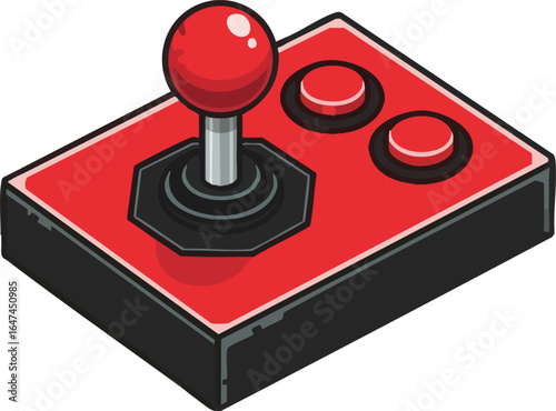 Isometric illustration of a red arcade game controller with a joystick and two round buttons.