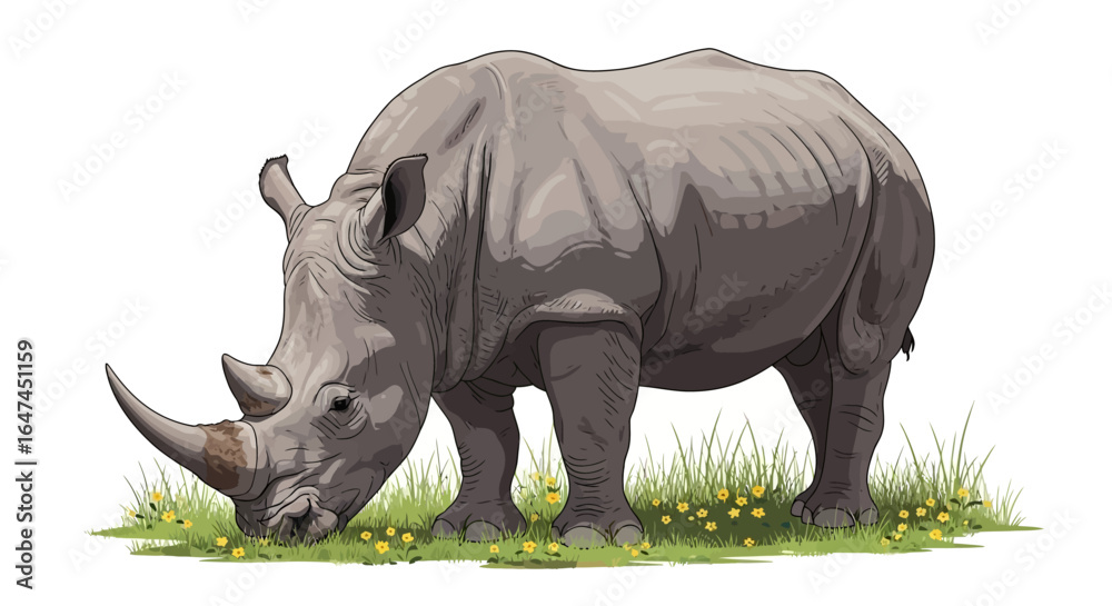 Fototapeta premium majestic white rhino grazing serene wildlife illustration for conservation education or african safari designs