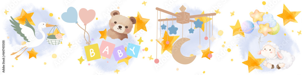 Fototapeta premium cute cartoon illustration with children room sticker / wallpaper / decor; teddy bear, word 