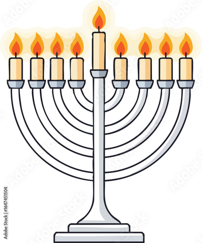 Illustration of a Hanukkah menorah with nine lit candles, representing the eight nights of Hanukkah plus the shamash.