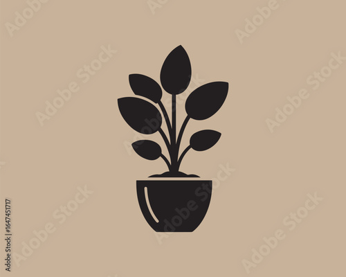 Simple silhouette of a potted houseplant with dark leaves on a neutral background