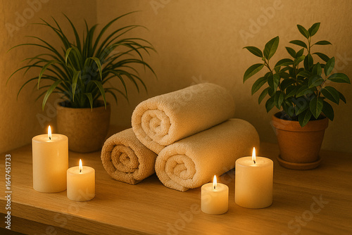 Spa scene with candles, towels, and green plants, soft warm lighting