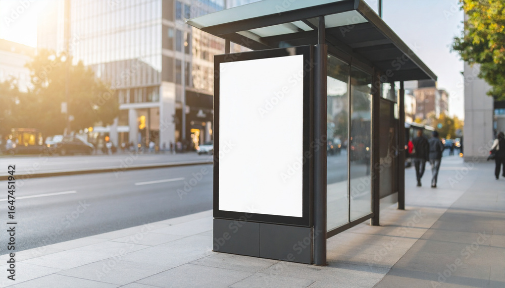 Fototapeta premium Blank billboard at bus stop urban scene advertising space sunny day high quality professional