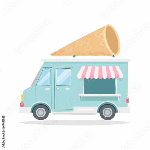 Pastel blue ice cream truck vector illustration with a giant waffle cone on top and a striped awning