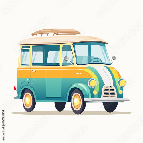 Vintage Camper Van Illustration Retro Style, Vibrant Colors, and Surfboard Rack