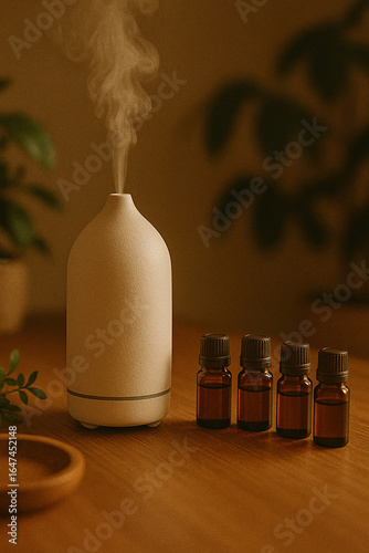 Aromatherapy essential oils and diffuser on wooden table, spa atmosphere