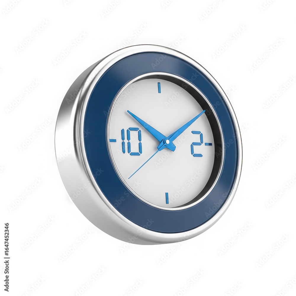 Modern analog clock with blue bezel and white face, displaying the time, isolated on transparent background Modern analog clock with blue bezel and white face, displaying the time, isolated on transparent background