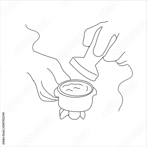 Coffee tamping Barista hand presses coffee grind Cafe, line art