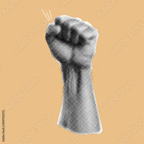 Halftone collage raised fist up and hand,modern collage cut out element