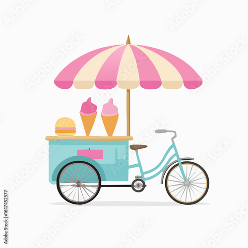 Pastel Ice Cream Cart Illustration A Sweet Ride with a Candy-Colored Umbrella