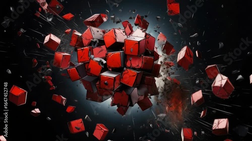 An explosion of red cubes against a dark background. The cubes are fragmented and scattered, creating a dynamic and energetic visual effect. Black Speculative Fiction Month