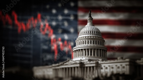 The Capitol building stands prominently as the backdrop for an American flag, while a downward trend graph signifies economic decline during the evening hours