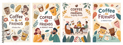 Colorful illustrations showcasing delightful coffee moments shared among friends with playful characters.