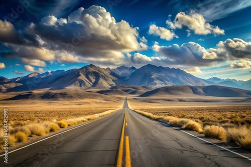 A long road leads to the mountains under a cloudy blue sky landscape
