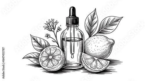 Natural lemon essential oil dropper bottle with fruit and leaves