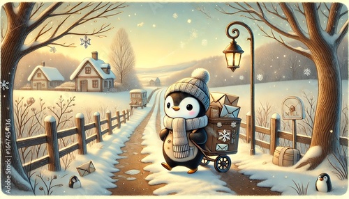 A whimsical scene of a penguin mail carrier delivering glowing letters and parcels through a sunlit, melting snow-covered forest path, under a gentle spring sky