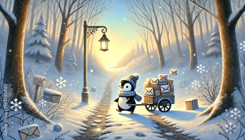 A gentle, whimsical illustration in pastel colors of a penguin mail carrier strolling through a sunlit, snow-melting forest, delivering glowing letters and packages on a serene spring morning