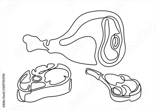 Meat cuts steak, ham, and chop. line icon-continuous line drawing. Editable stroke. 
