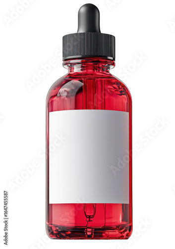 Red liquid in clear bottle w/ black dropper & white label