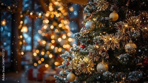 Christmas winter scene with a blurred background featuring a majestic Xmas tree decorated with vibrant garland and twinkling lights, set against a festive holiday backdrop.