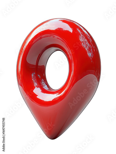 Red, glossy, stylized map marker with a central opening on a black background
