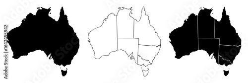 Australia map, Australia country vector map in white background.Australia map background with states.Australia political map. High detailed. Solid simple style. Black and white. Vector editable.	