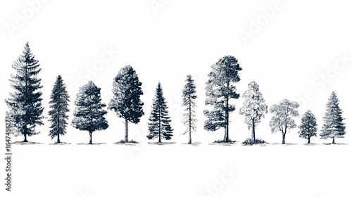 Minimal Style CAD Tree Line Drawing Side View Set