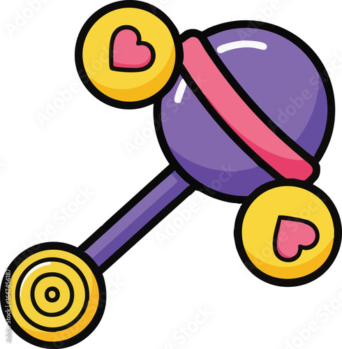 Cartoon illustration of a purple baby rattle with yellow accents and pink heart details, isolated on a white background.