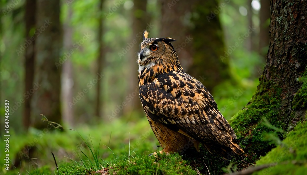 Fototapeta premium Eurasian eagle owl forest portrait.