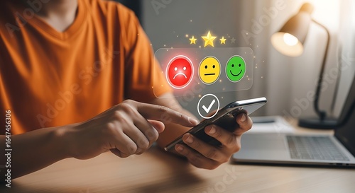 Customer giving online feedback and rating satisfaction on a smartphone