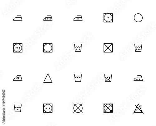 Laundry symbol icon set. Vector care label collection. Includes iron, tumble dry, bleach, washer machine, do not wash, low/medium/high heat and more. Editable stroke.