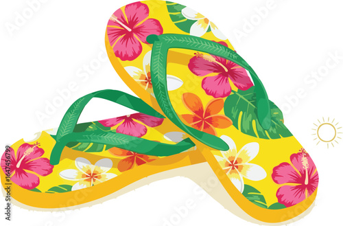 A pair of yellow flip-flops with a floral pattern, featuring pink hibiscus and white plumeria flowers, with green straps, next to a sun graphic.