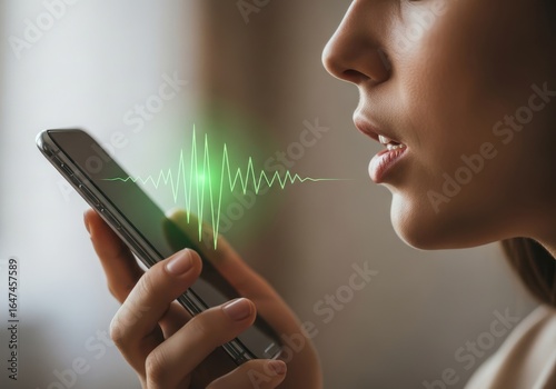 Woman using voice assistant on smartphone with sound wave visualization effect