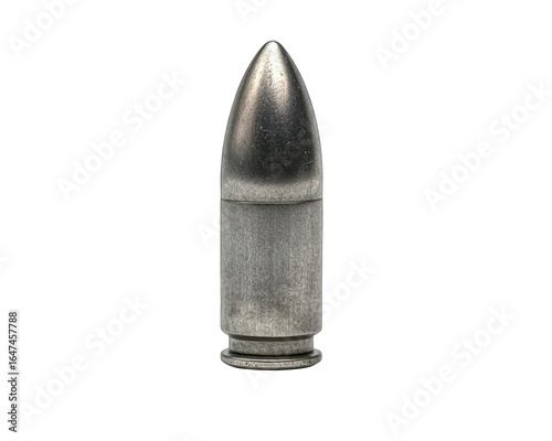 Single silver-colored bullet isolated against a black background, metallic sheen
