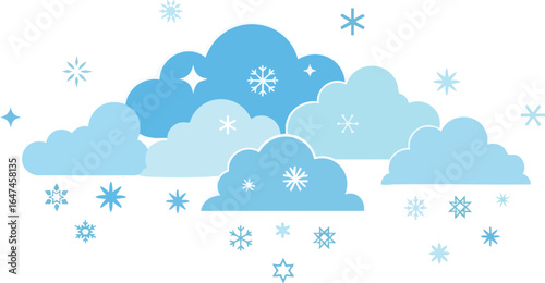 A stylized illustration depicting fluffy blue clouds with falling snowflakes, creating a wintery scene.