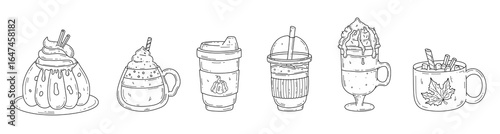 Outline Autumn drinks set. Doodle style pumpkin latte. Hand drawn seasonal beverages vector collection, isolated elements on white background