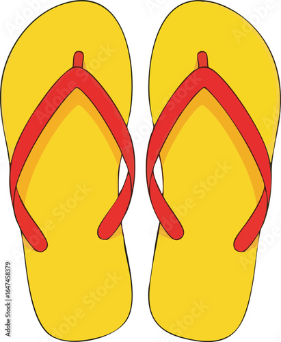A vibrant illustration of a pair of yellow flip-flops with red straps, ready for summer.