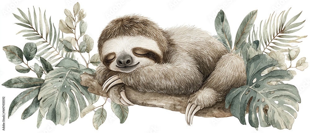 Naklejka premium AKWARELOWE PRZEDSTAWIENIE ŚPIĄCEGO LENIWCA NA GAŁĘZI