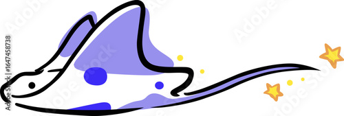 Stingray, manta ray with star doodle illustraion for summer holiday, sea life, nautical and ocen concept.