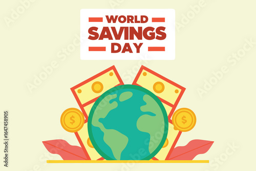 World Savings Day illustration with globe banknotes and coins money finance