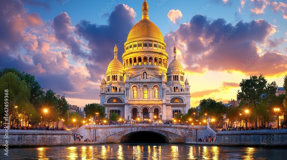 Fototapeta premium Parisian Basilica at Sunset Golden Hour Illumination and Reflections