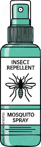 Illustration of a teal spray bottle labeled "Insect Repellent" and "Mosquito Spray" with a mosquito graphic.